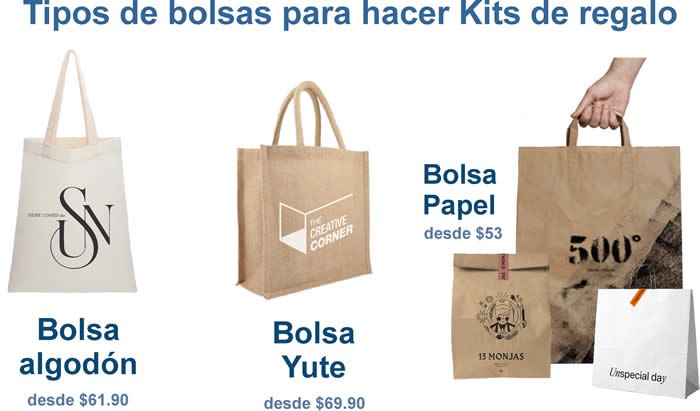 Tipos de bolsa para hacer los Kit promoionales de Gelpublicite, bolsa de algodon, bolsa de Yute ecologica, diferentes bolsas de papel que pueden ir personalizadas con el logo de la empresa, imagen y post creado el 10 de Octubre de 2023 para Gelpublicite para pagina de regalos ejecutivos